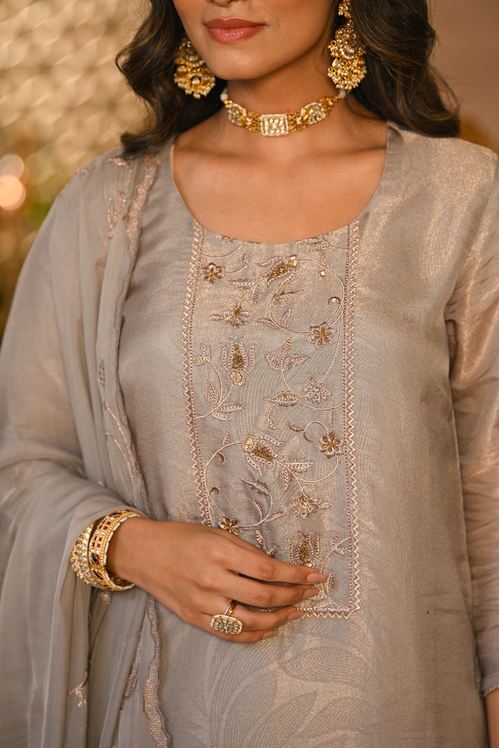 Grey Premium Pure Muslin Silk Jacquard with Hand Embroidery, With Scallop Dupatta Suit Set- SET OF-3 | SHOBITAM