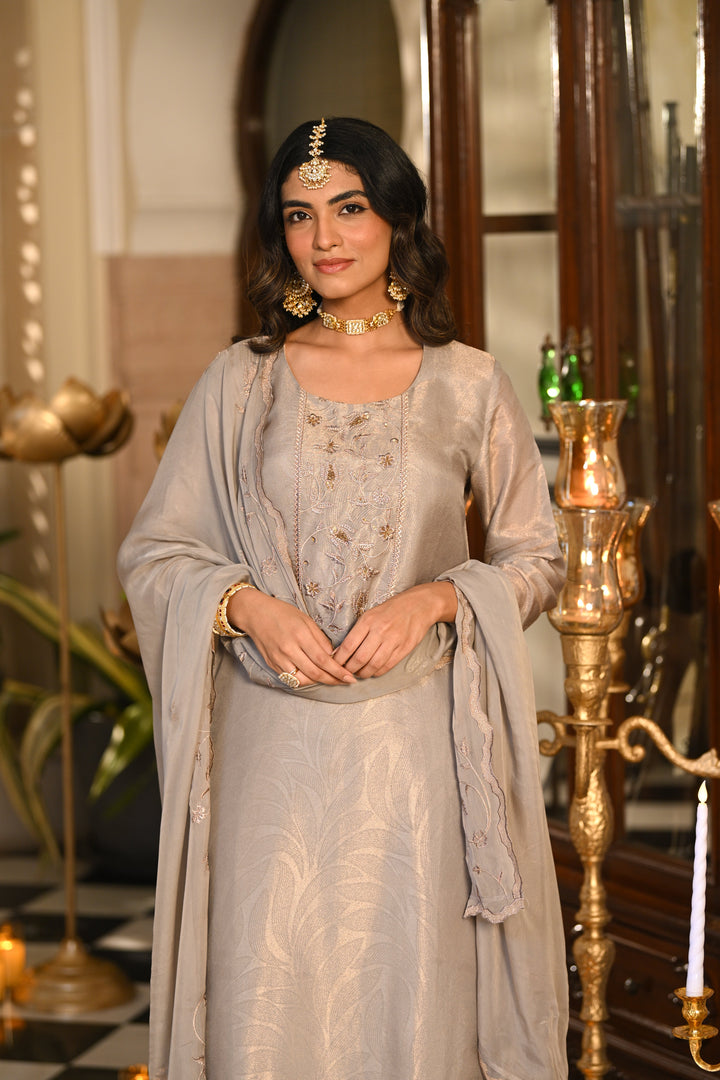 Grey Premium Pure Muslin Silk Jacquard with Hand Embroidery, With Scallop Dupatta Suit Set- SET OF-3 | SHOBITAM