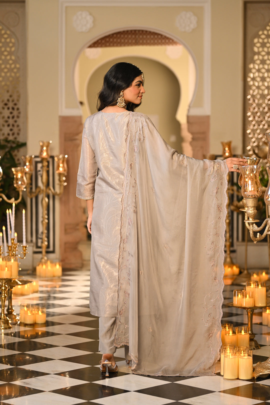 Grey Premium Pure Muslin Silk Jacquard with Hand Embroidery, With Scallop Dupatta Suit Set- SET OF-3 | SHOBITAM