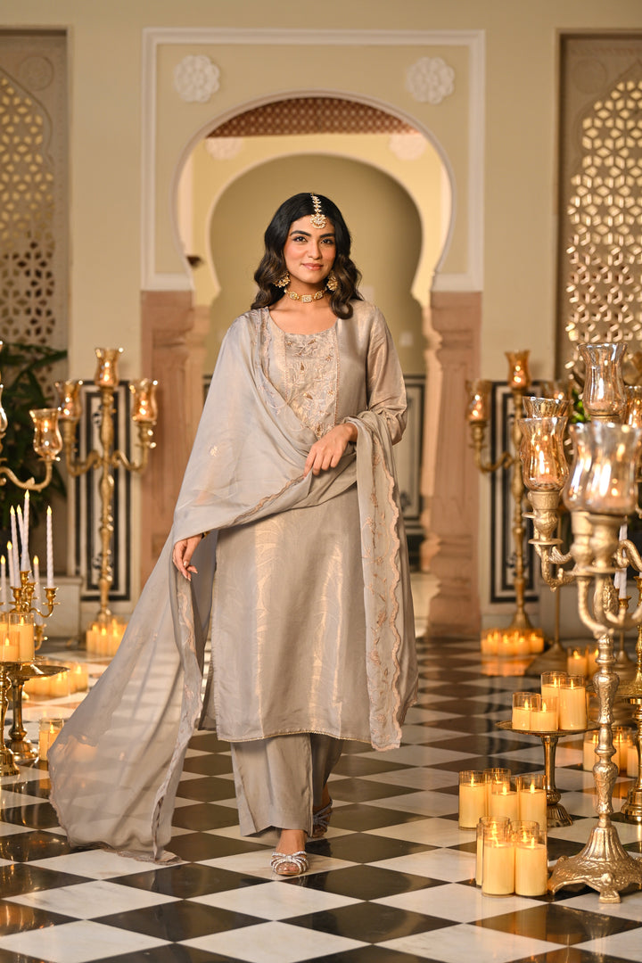 Grey Premium Pure Muslin Silk Jacquard with Hand Embroidery, With Scallop Dupatta Suit Set- SET OF-3 | SHOBITAM