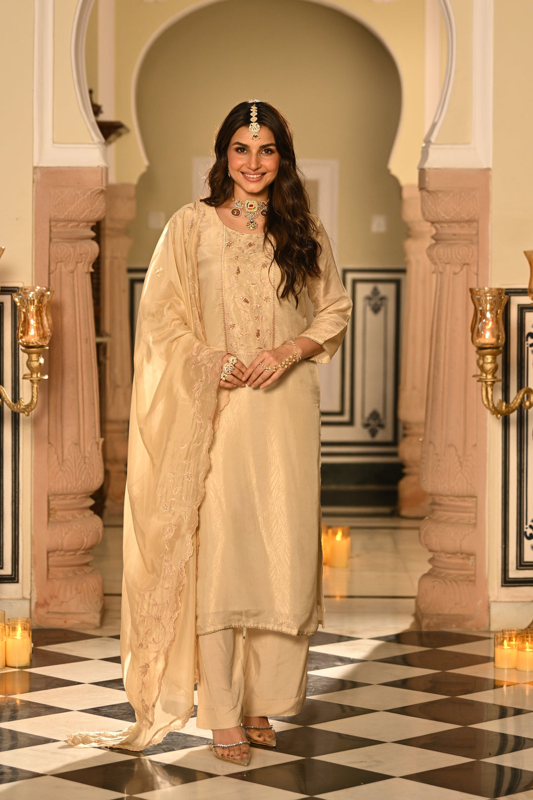 Cream Premium Pure Muslin Silk Jacquard with Hand Embroidery, With Scallop Dupatta Suit Set - SET OF-3 | SHOBITAM