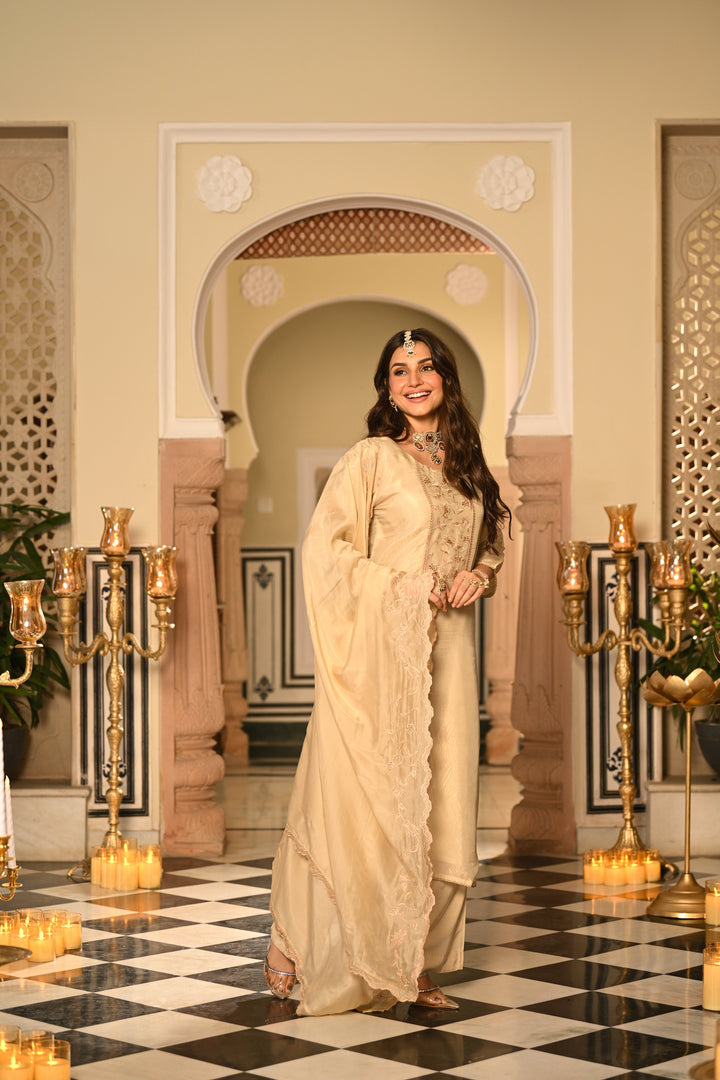Cream Premium Pure Muslin Silk Jacquard with Hand Embroidery, With Scallop Dupatta Suit Set - SET OF-3 | SHOBITAM