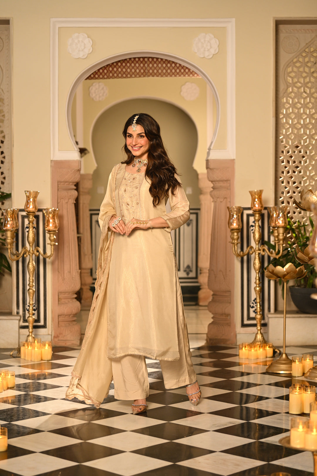 Cream Premium Pure Muslin Silk Jacquard with Hand Embroidery, With Scallop Dupatta Suit Set - SET OF-3 | SHOBITAM