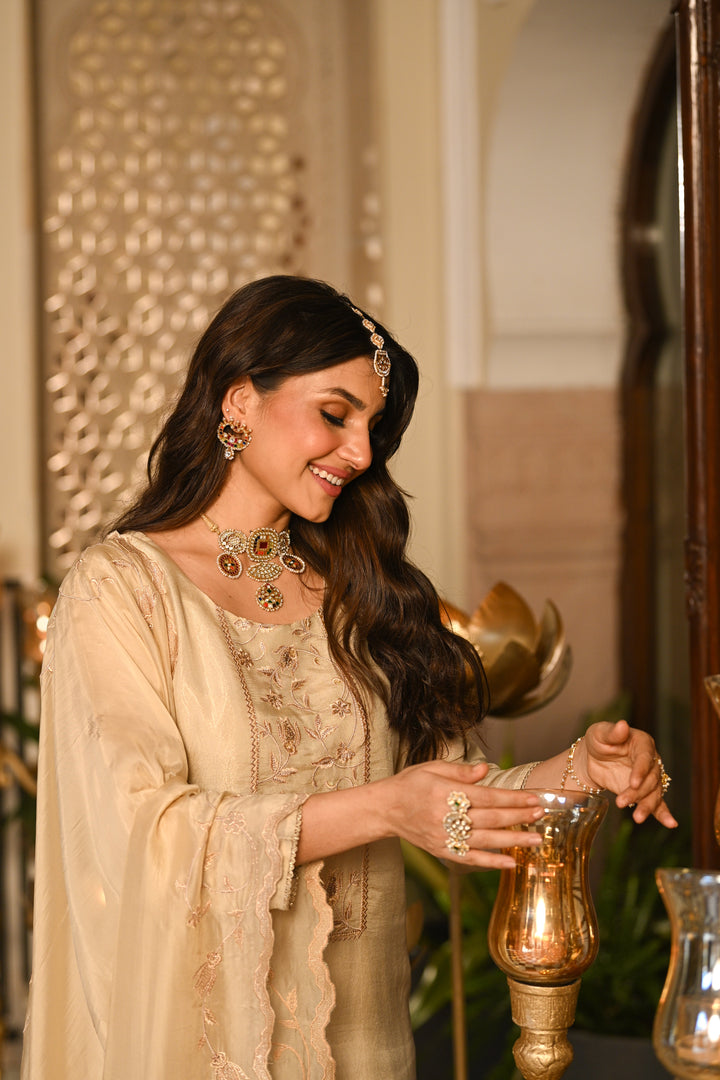 Cream Premium Pure Muslin Silk Jacquard with Hand Embroidery, With Scallop Dupatta Suit Set - SET OF-3 | SHOBITAM