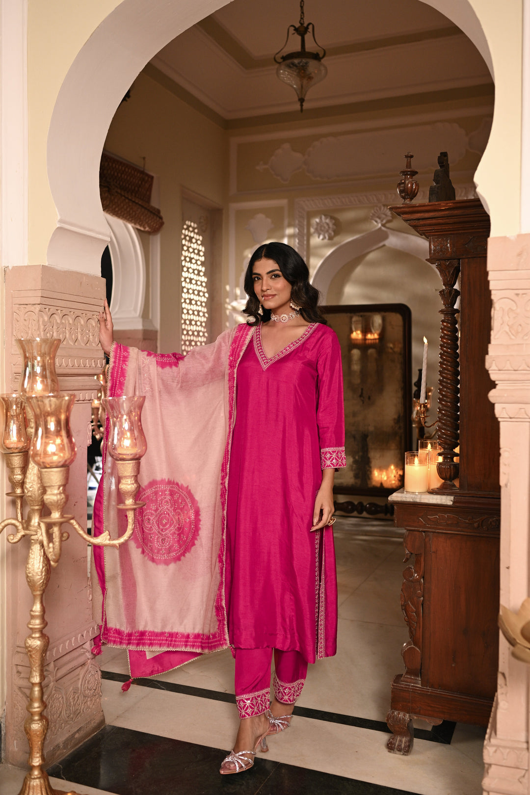 Pinkish Red Kurta with Marodi and Aari Work and Ghewar Print Dupatta with Gota Patti and Aari Work Suit Set- SET OF-3 | SHOBITAM