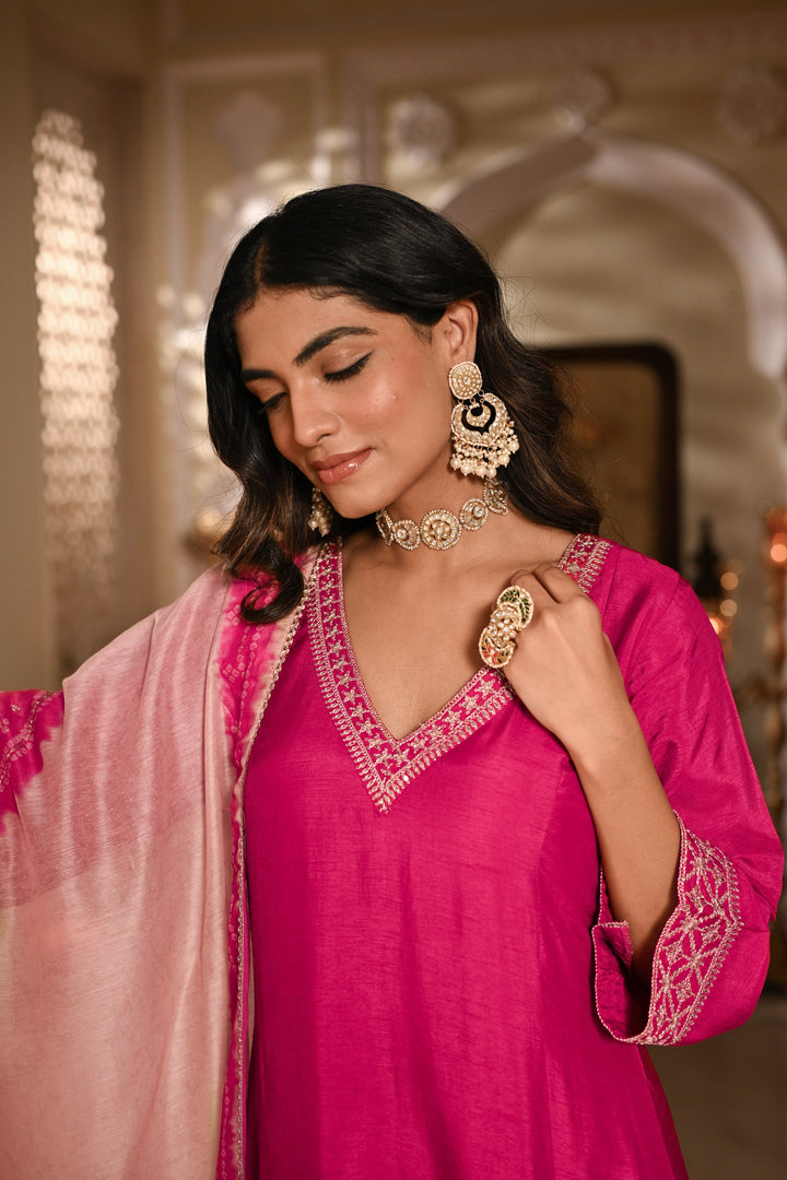 Pinkish Red Kurta with Marodi and Aari Work and Ghewar Print Dupatta with Gota Patti and Aari Work Suit Set- SET OF-3 | SHOBITAM