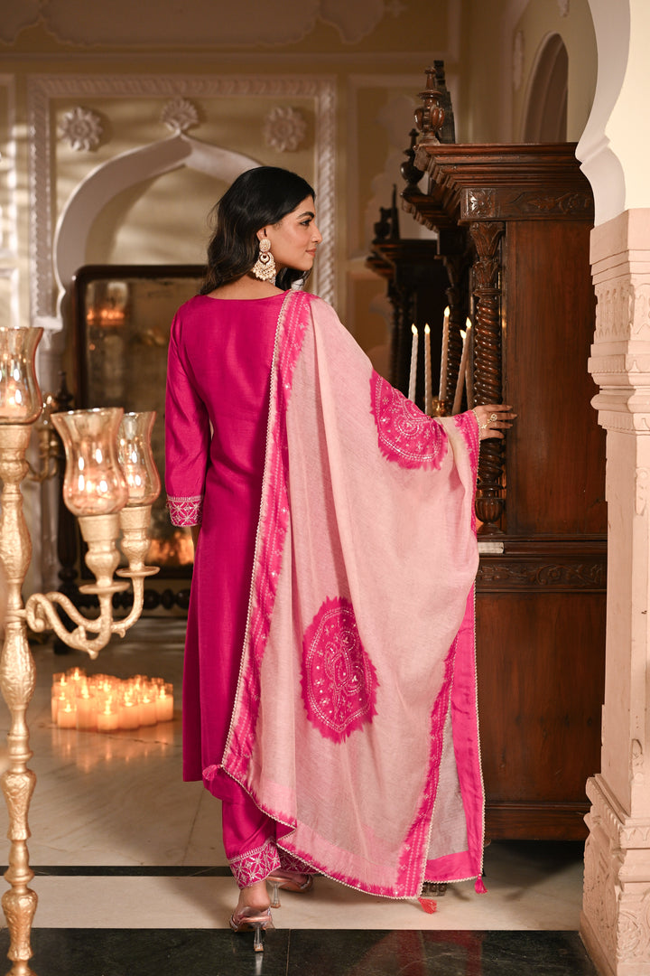 Pinkish Red Kurta with Marodi and Aari Work and Ghewar Print Dupatta with Gota Patti and Aari Work Suit Set- SET OF-3 | SHOBITAM