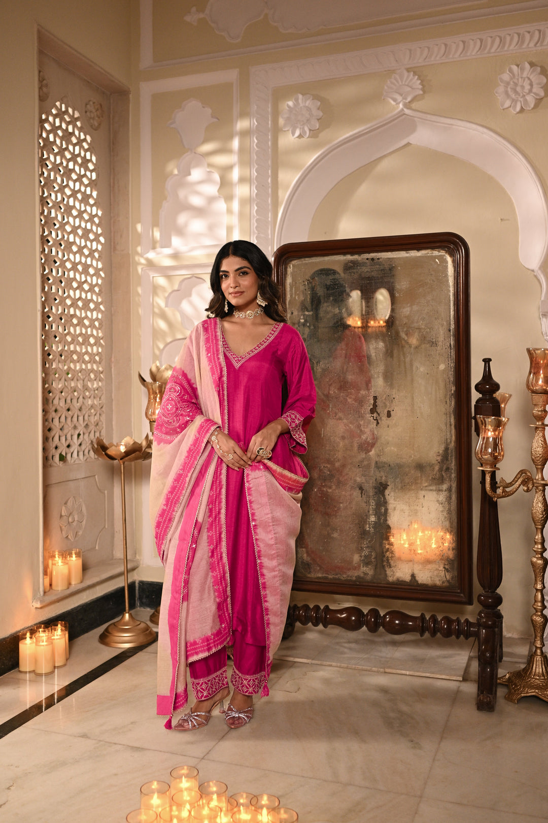 Pinkish Red Kurta with Marodi and Aari Work and Ghewar Print Dupatta with Gota Patti and Aari Work Suit Set- SET OF-3 | SHOBITAM