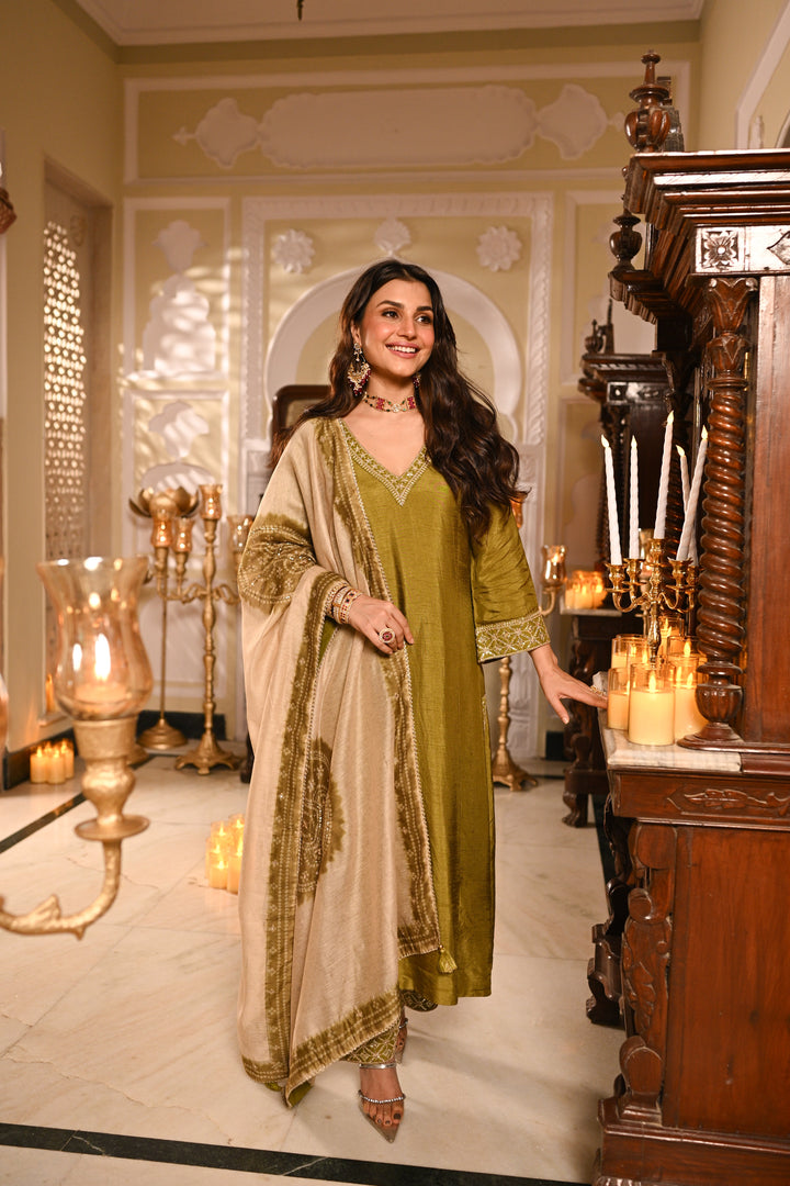 Mehandi Green Kurta with Marodi and Aari Work and Ghewar Print Dupatta with Gota Patti and Aari Work Suit Set- SET OF-3 | SHOBITAM