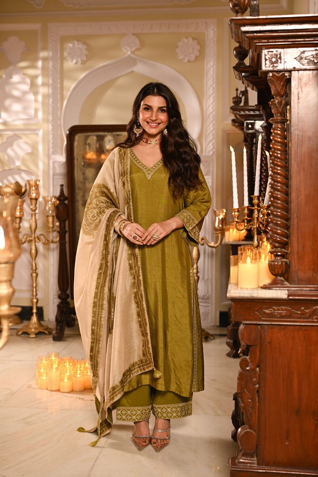 Mehandi Green Kurta with Marodi and Aari Work and Ghewar Print Dupatta with Gota Patti and Aari Work Suit Set- SET OF-3 | SHOBITAM