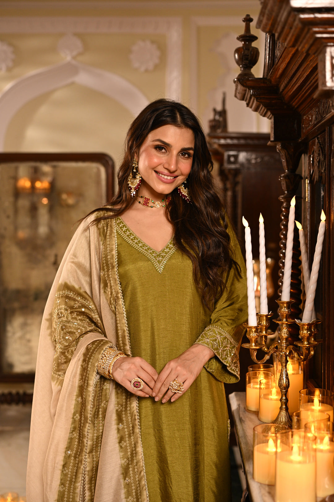 Mehandi Green Kurta with Marodi and Aari Work and Ghewar Print Dupatta with Gota Patti and Aari Work Suit Set- SET OF-3 | SHOBITAM