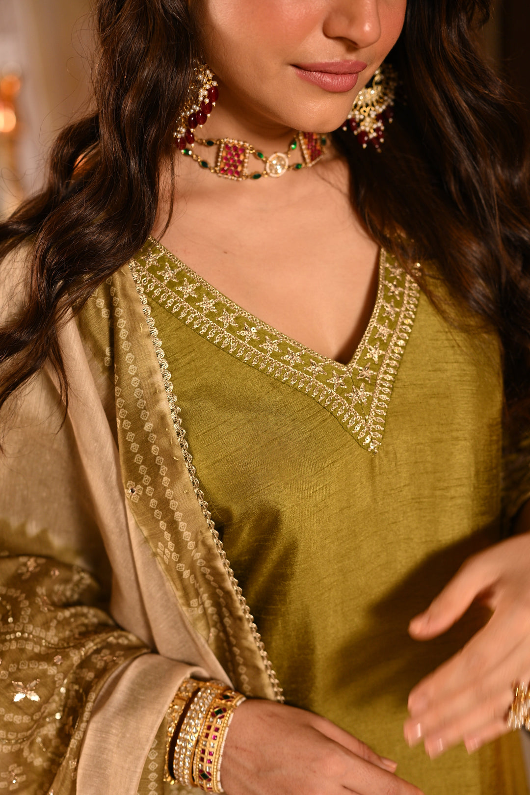 Mehandi Green Kurta with Marodi and Aari Work and Ghewar Print Dupatta with Gota Patti and Aari Work Suit Set- SET OF-3 | SHOBITAM