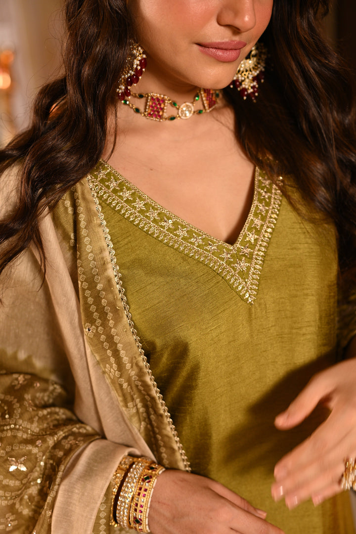 Mehandi Green Kurta with Marodi and Aari Work and Ghewar Print Dupatta with Gota Patti and Aari Work Suit Set- SET OF-3 | SHOBITAM