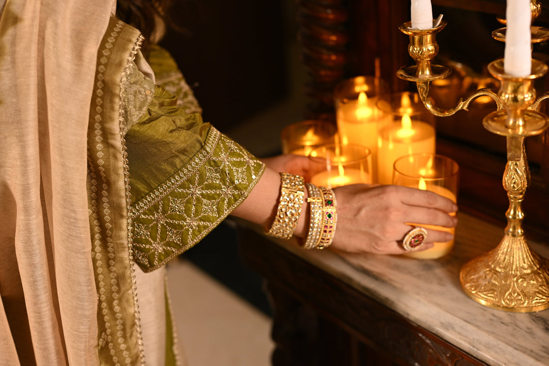 Mehandi Green Kurta with Marodi and Aari Work and Ghewar Print Dupatta with Gota Patti and Aari Work Suit Set- SET OF-3 | SHOBITAM