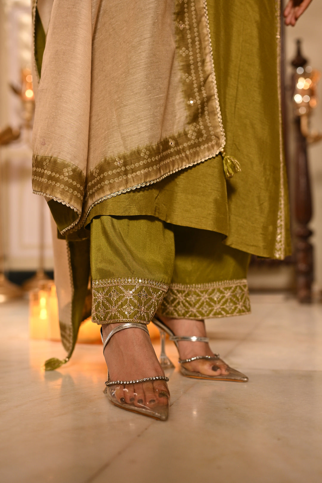 Mehandi Green Kurta with Marodi and Aari Work and Ghewar Print Dupatta with Gota Patti and Aari Work Suit Set- SET OF-3 | SHOBITAM