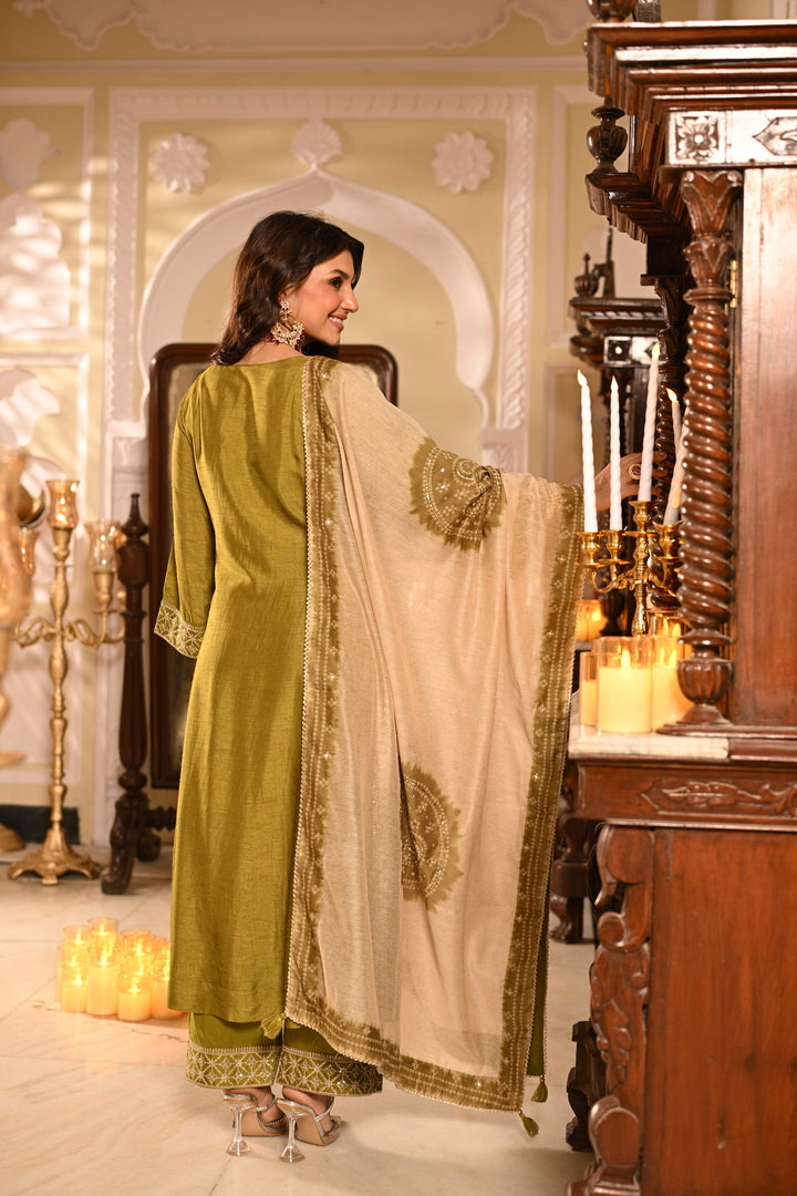 Mehandi Green Kurta with Marodi and Aari Work and Ghewar Print Dupatta with Gota Patti and Aari Work Suit Set- SET OF-3 | SHOBITAM