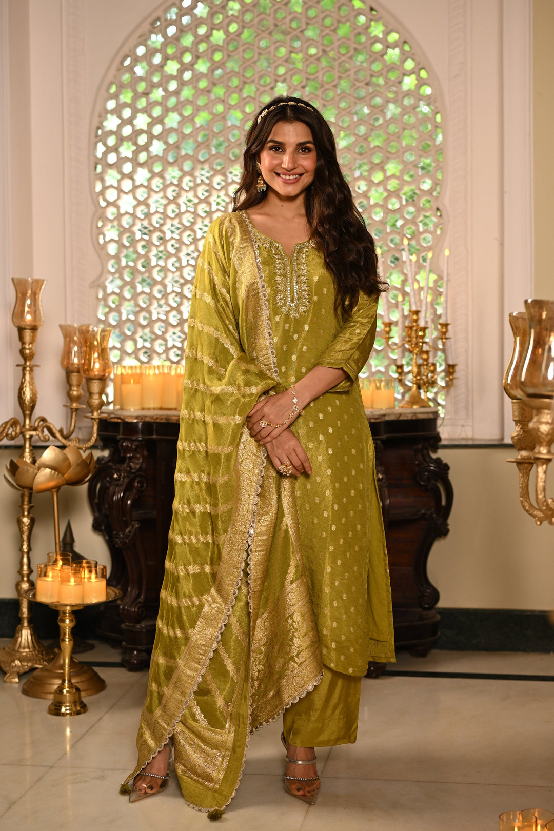 Green Banarasi Small Buti Suit Set with Sequence and Gota Work- SET OF-3 | SHOBITAM