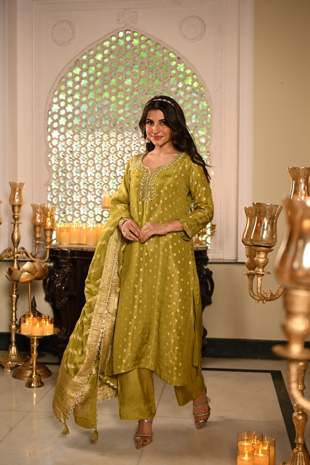 Green Banarasi Small Buti Suit Set with Sequence and Gota Work- SET OF-3 | SHOBITAM