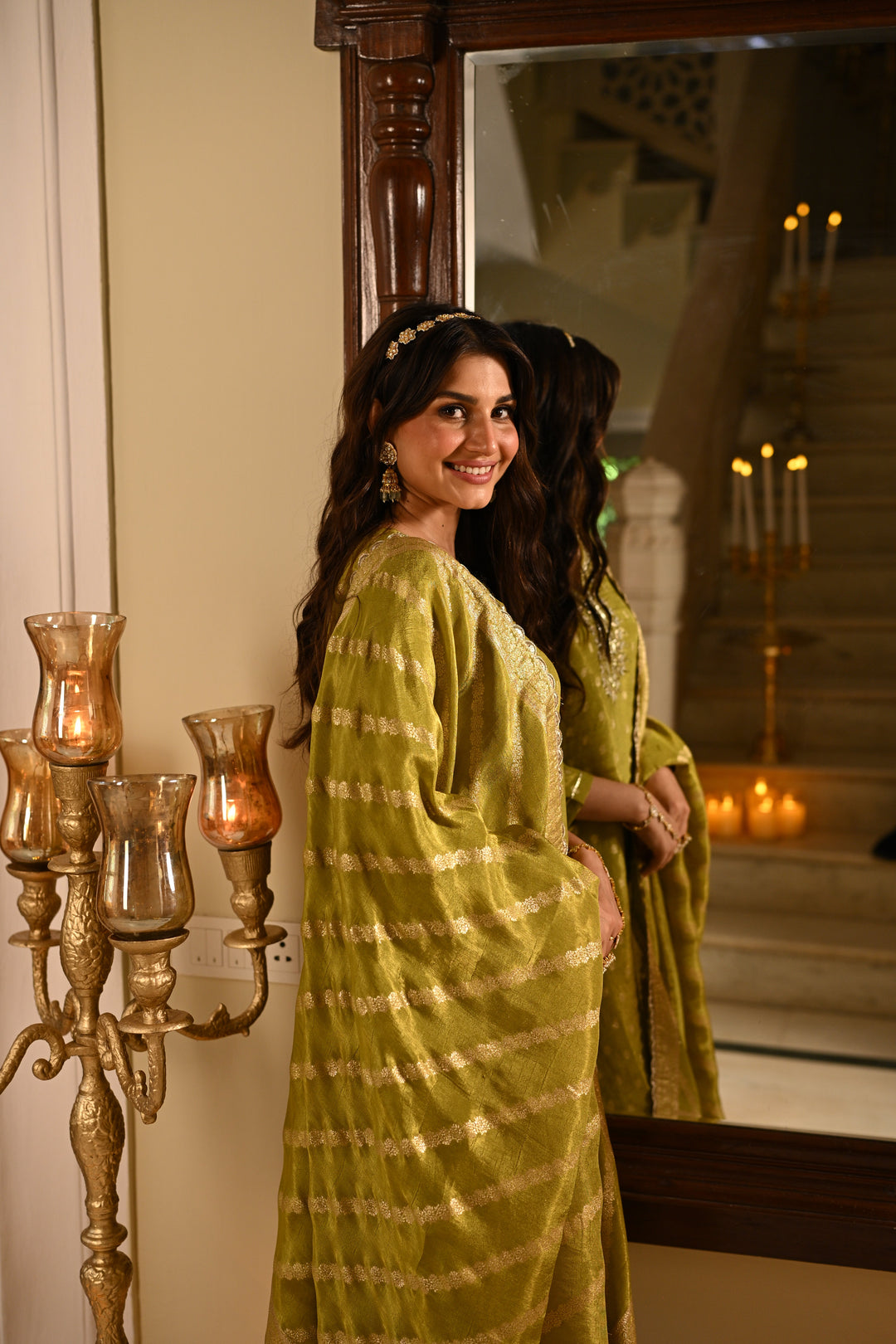 Green Banarasi Small Buti Suit Set with Sequence and Gota Work- SET OF-3 | SHOBITAM