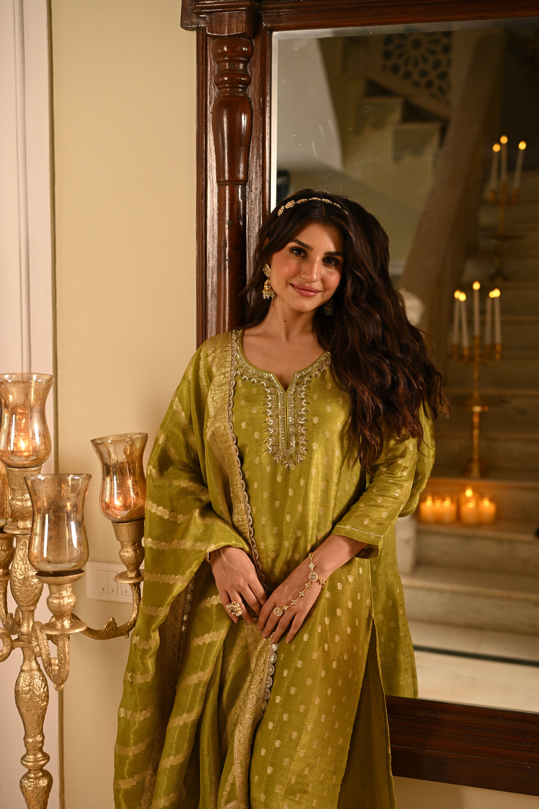 Green Banarasi Small Buti Suit Set with Sequence and Gota Work- SET OF-3 | SHOBITAM