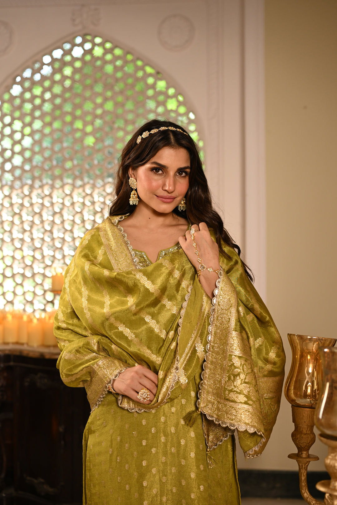 Green Banarasi Small Buti Suit Set with Sequence and Gota Work- SET OF-3 | SHOBITAM