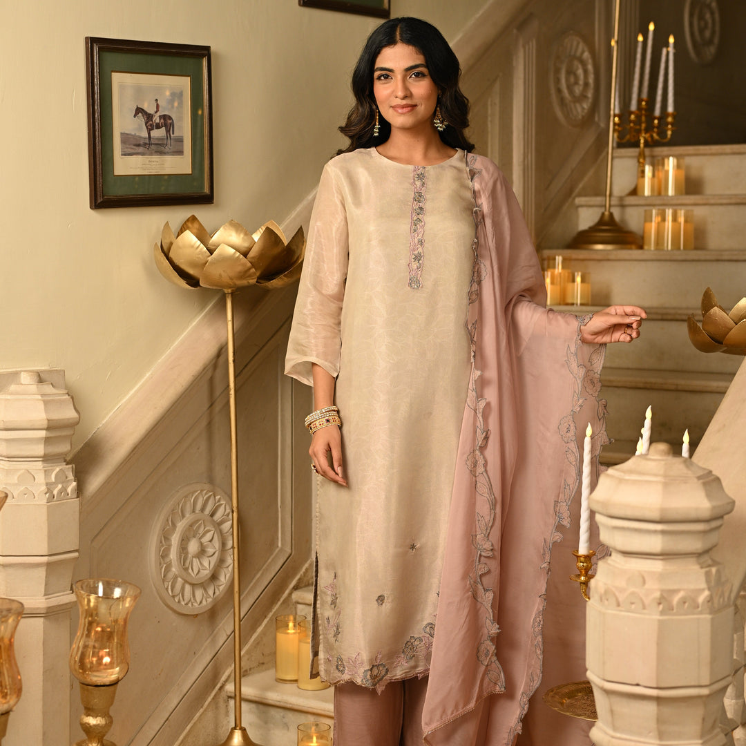Blush Pink Cut Work Pure Muslin Silk Jacquard Kurta with Scallope Thread Hand Work and Fuschia Lilac Pant With Pure Organza Dupatta- SET OF-3 | SHOBITAM