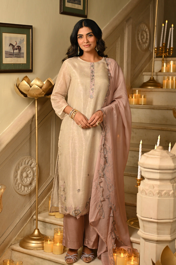 Blush Pink Cut Work Pure Muslin Silk Jacquard Kurta with Scallope Thread Hand Work and Fuschia Lilac Pant With Pure Organza Dupatta- SET OF-3 | SHOBITAM