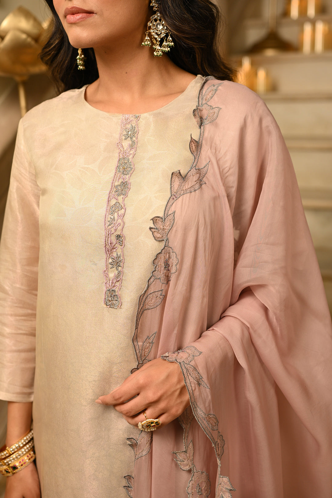 Blush Pink Cut Work Pure Muslin Silk Jacquard Kurta with Scallope Thread Hand Work and Fuschia Lilac Pant With Pure Organza Dupatta- SET OF-3 | SHOBITAM