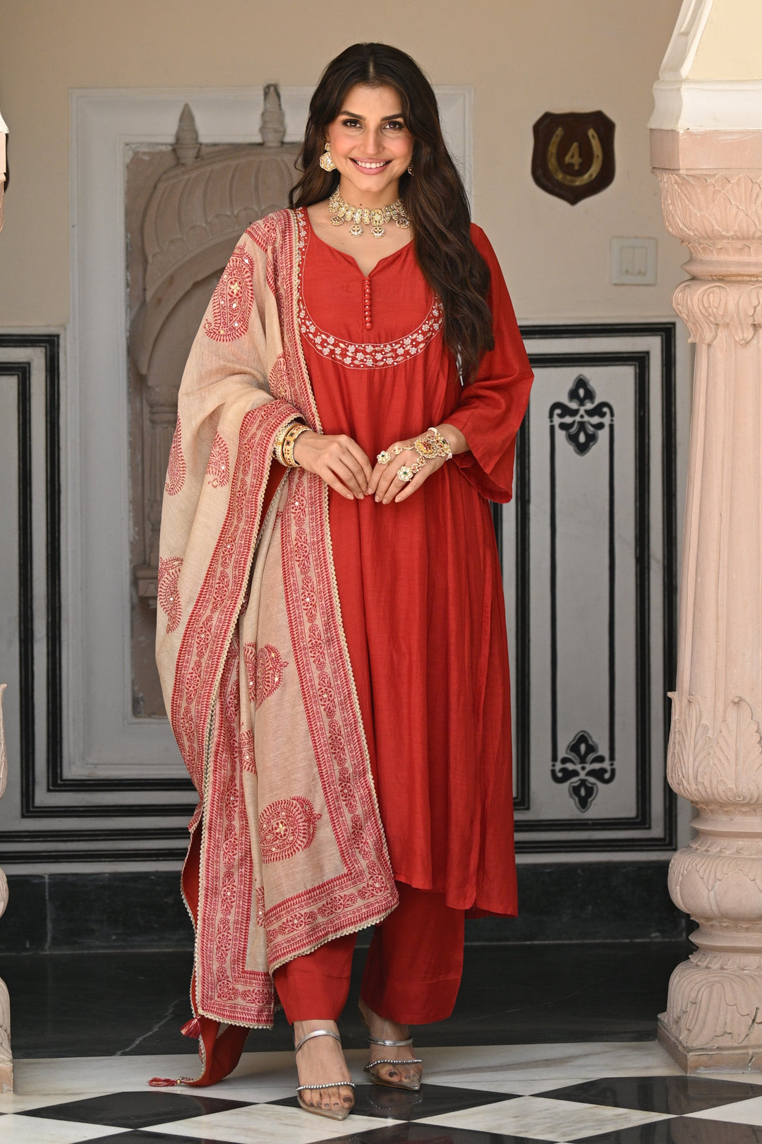 Rustic reddish mul chanderi suit set with beads and tari work on neck and block paisley with spread gota work dupatta- SET OF-3 | SHOBITAM
