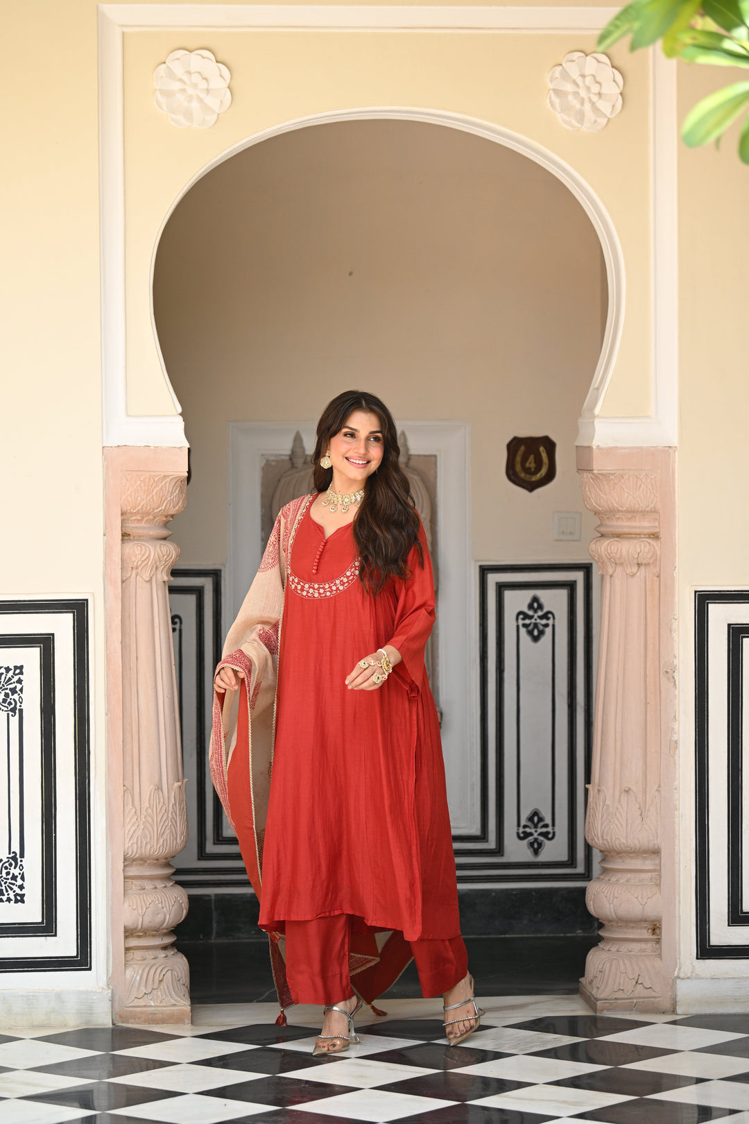 Rustic reddish mul chanderi suit set with beads and tari work on neck and block paisley with spread gota work dupatta- SET OF-3 | SHOBITAM