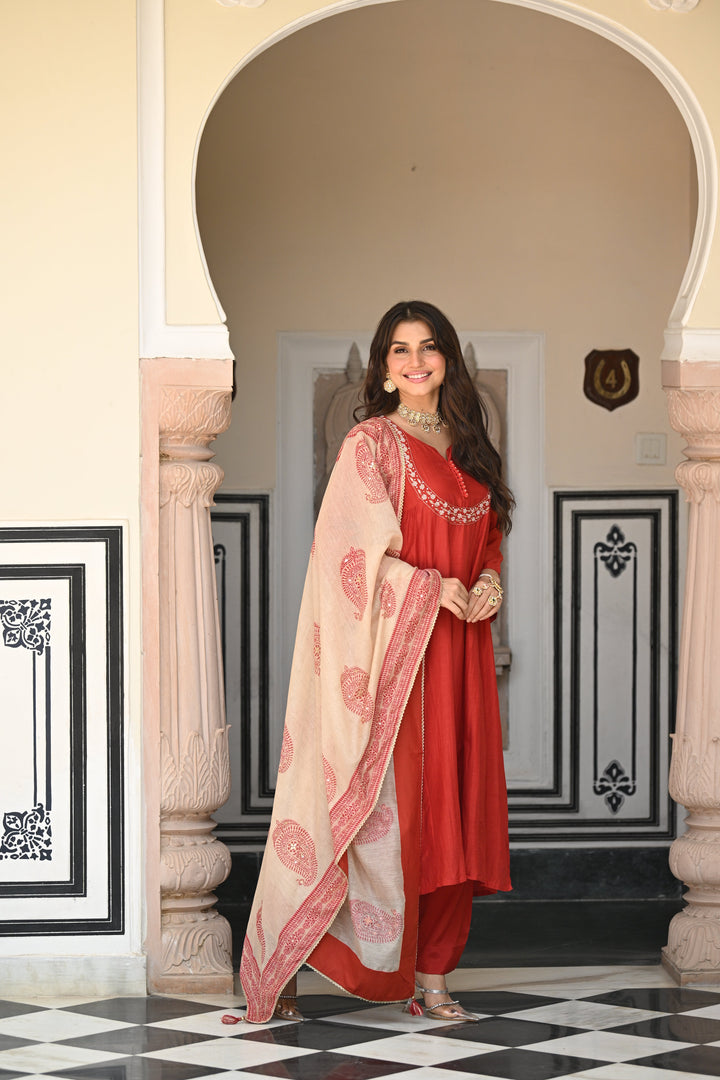 Rustic reddish mul chanderi suit set with beads and tari work on neck and block paisley with spread gota work dupatta- SET OF-3 | SHOBITAM