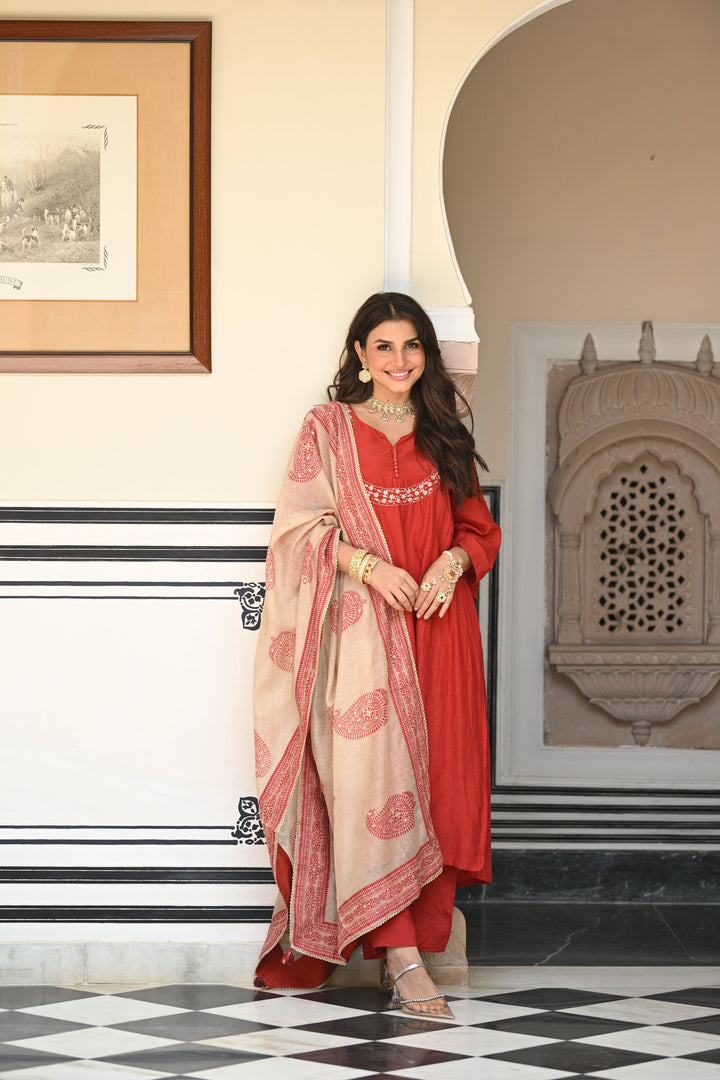 Rustic reddish mul chanderi suit set with beads and tari work on neck and block paisley with spread gota work dupatta- SET OF-3 | SHOBITAM