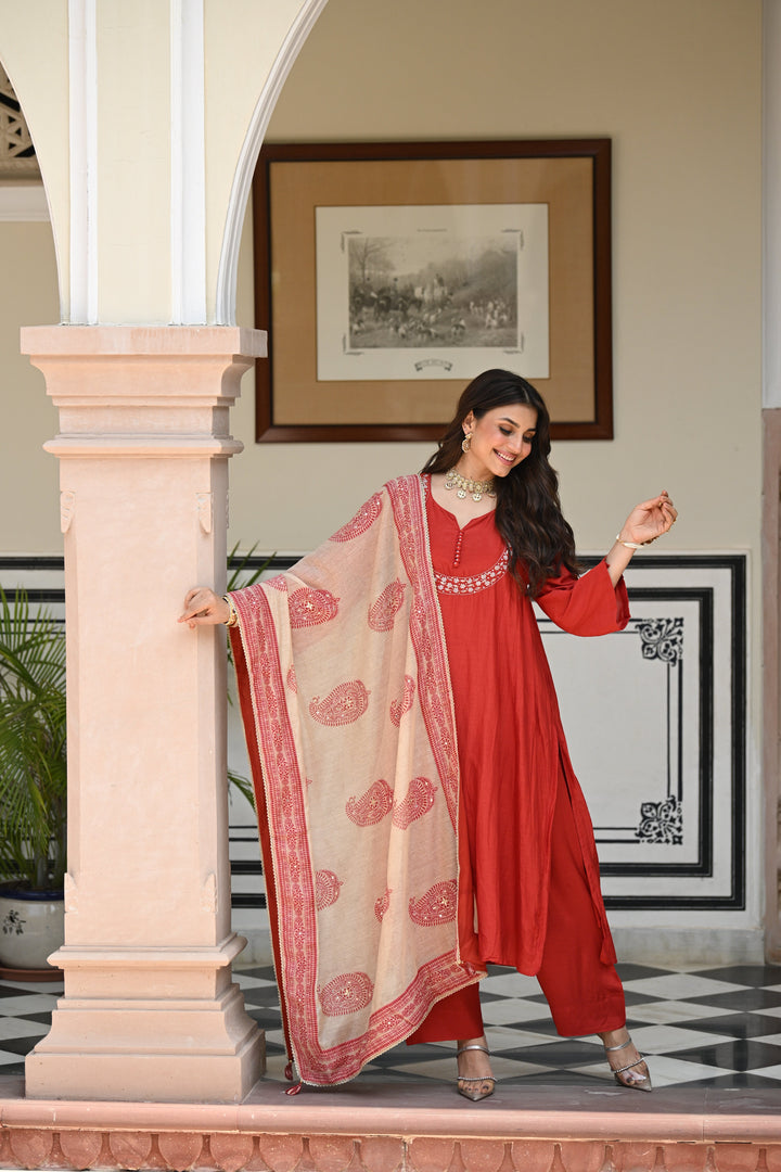 Rustic reddish mul chanderi suit set with beads and tari work on neck and block paisley with spread gota work dupatta- SET OF-3 | SHOBITAM