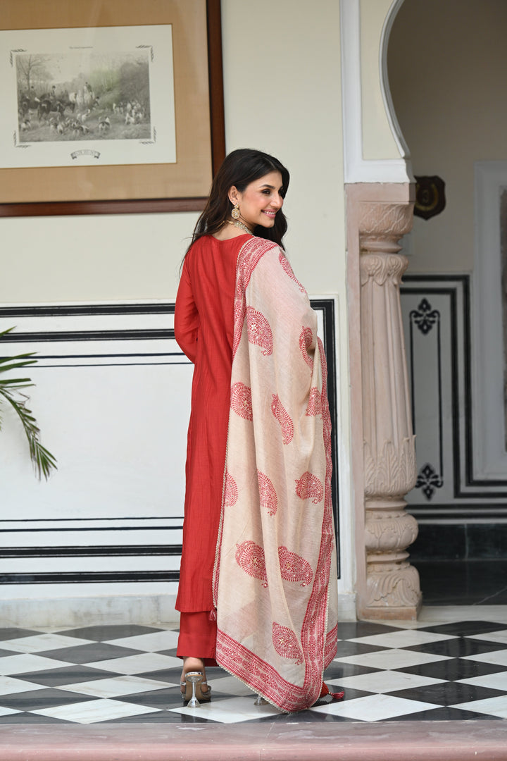 Rustic reddish mul chanderi suit set with beads and tari work on neck and block paisley with spread gota work dupatta- SET OF-3 | SHOBITAM
