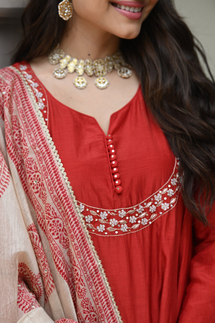 Rustic reddish mul chanderi suit set with beads and tari work on neck and block paisley with spread gota work dupatta- SET OF-3 | SHOBITAM