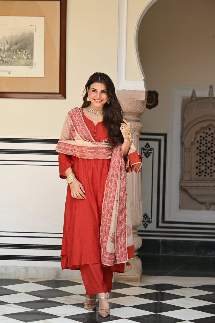 Rustic reddish mul chanderi suit set with beads and tari work on neck and block paisley with spread gota work dupatta- SET OF-3 | SHOBITAM