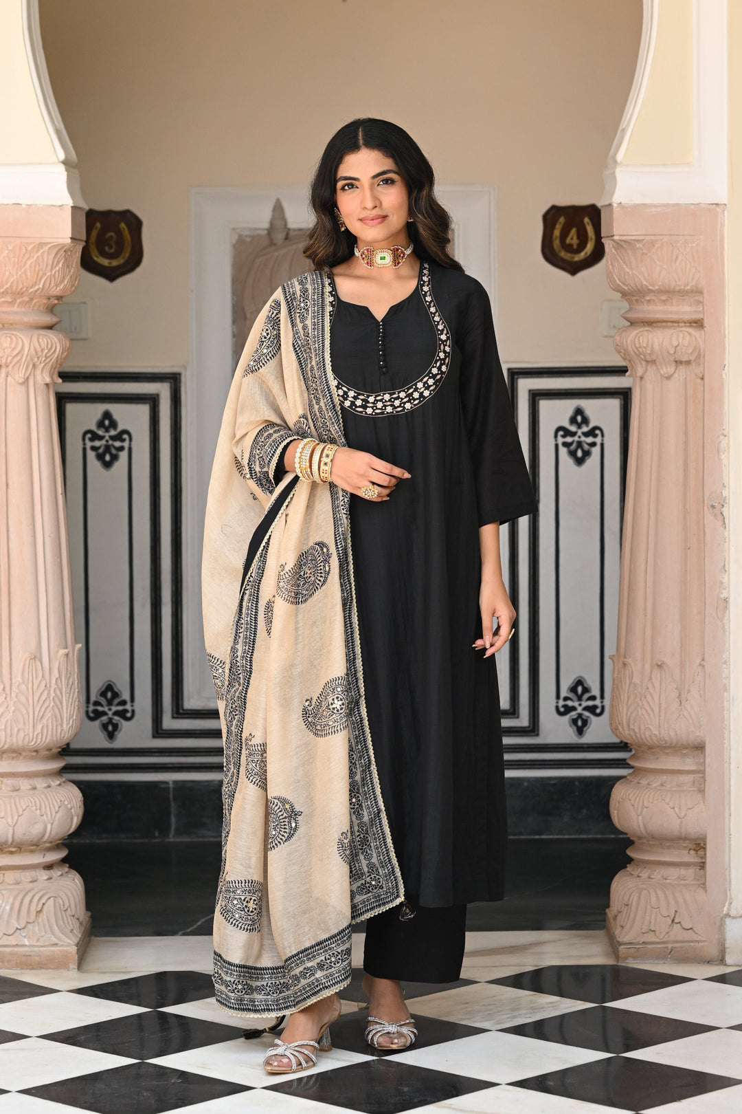 Black Mul Chanderi Suit Set with Beads and Tari Work on Neck and Block Paisley with Spread Gota work Dupatta- SET OF-3 | SHOBITAM
