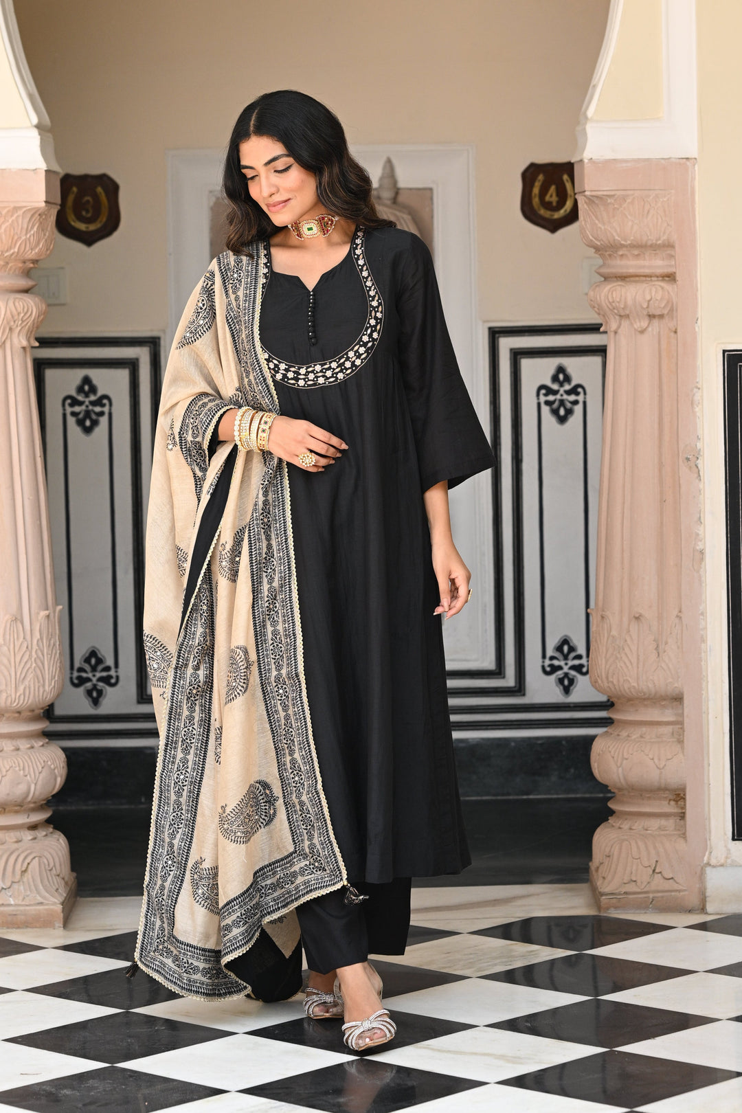 Black Mul Chanderi Suit Set with Beads and Tari Work on Neck and Block Paisley with Spread Gota work Dupatta- SET OF-3 | SHOBITAM