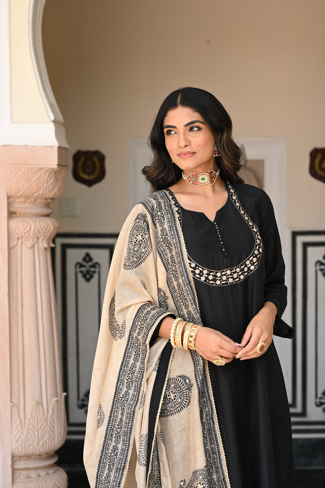 Black Mul Chanderi Suit Set with Beads and Tari Work on Neck and Block Paisley with Spread Gota work Dupatta- SET OF-3 | SHOBITAM