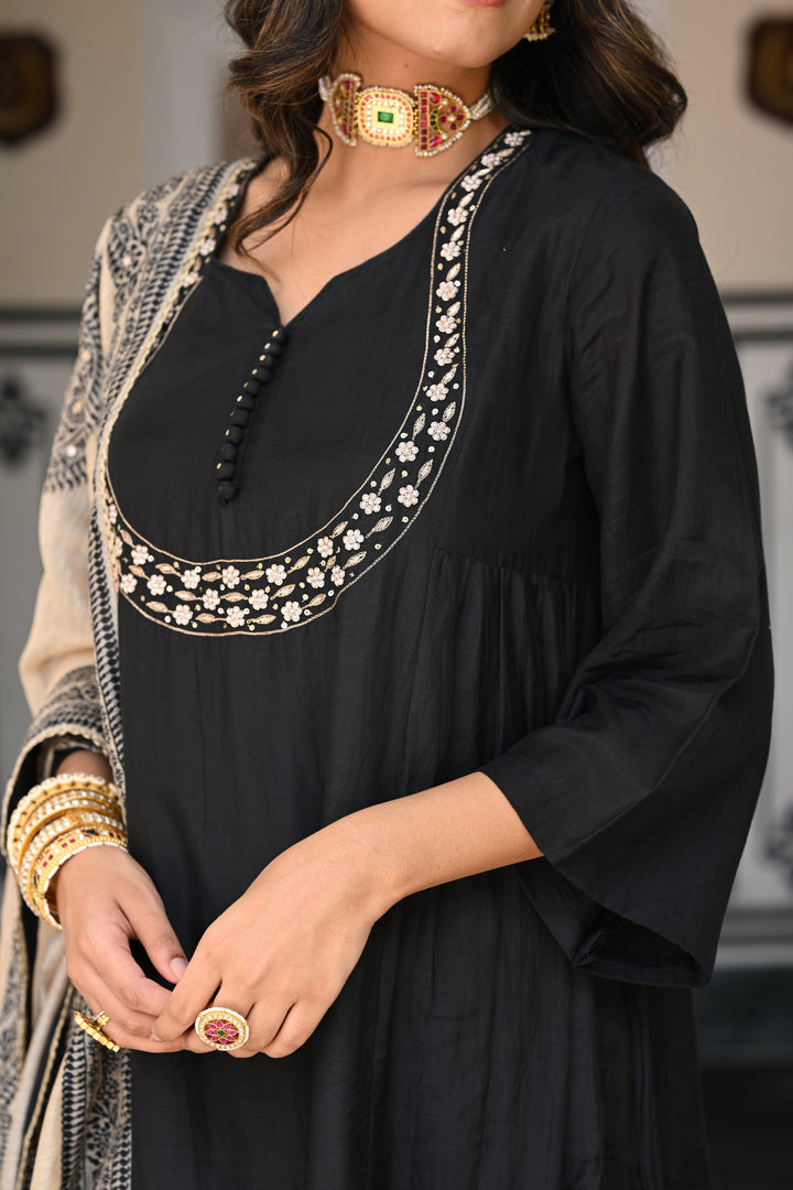 Black Mul Chanderi Suit Set with Beads and Tari Work on Neck and Block Paisley with Spread Gota work Dupatta- SET OF-3 | SHOBITAM