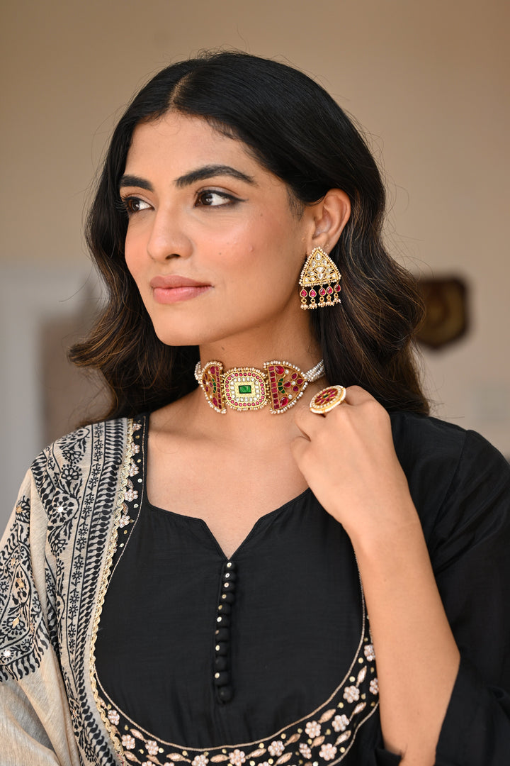 Black Mul Chanderi Suit Set with Beads and Tari Work on Neck and Block Paisley with Spread Gota work Dupatta- SET OF-3 | SHOBITAM