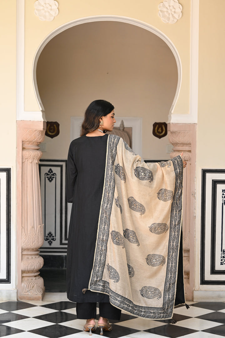 Black Mul Chanderi Suit Set with Beads and Tari Work on Neck and Block Paisley with Spread Gota work Dupatta- SET OF-3 | SHOBITAM