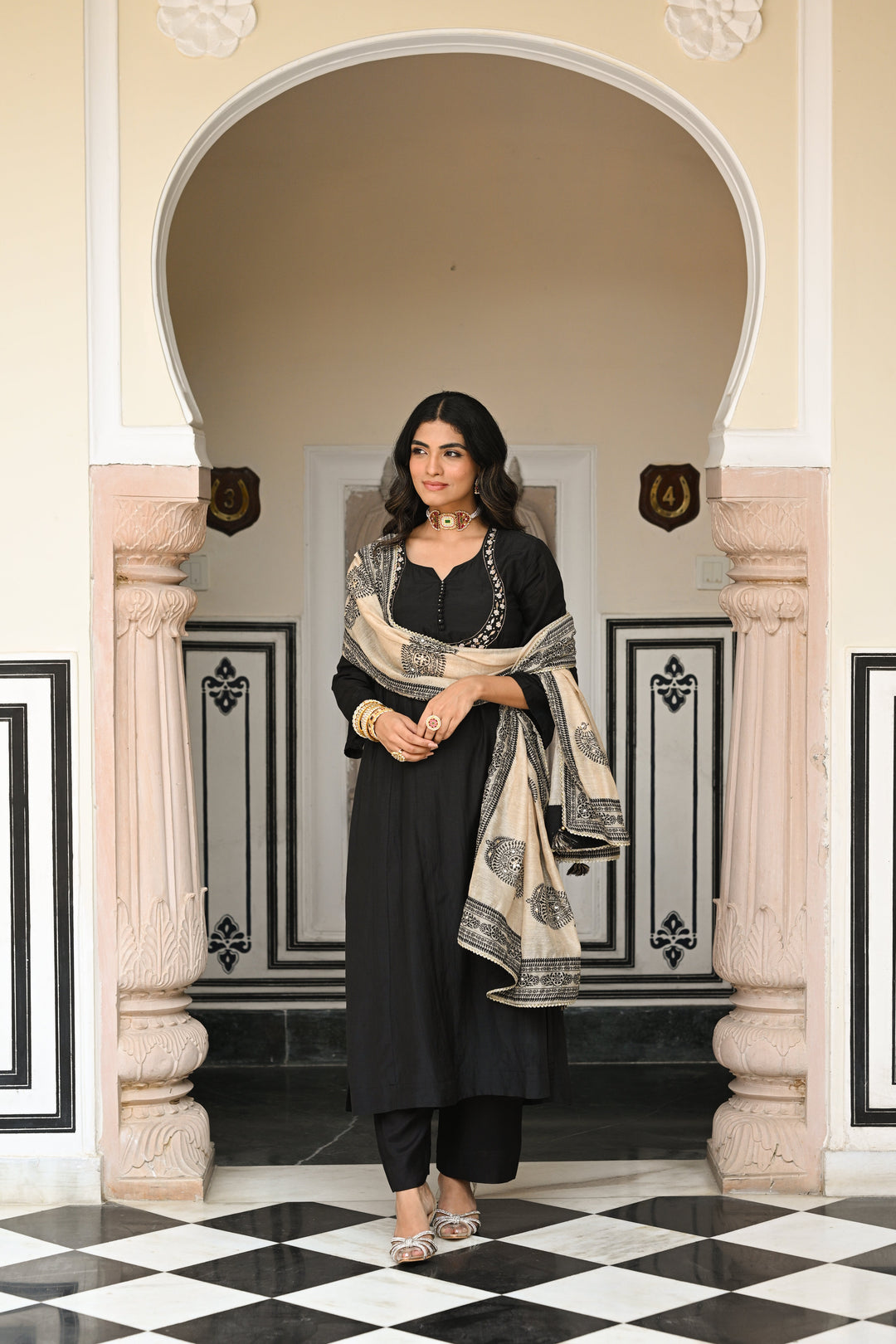 Black Mul Chanderi Suit Set with Beads and Tari Work on Neck and Block Paisley with Spread Gota work Dupatta- SET OF-3 | SHOBITAM