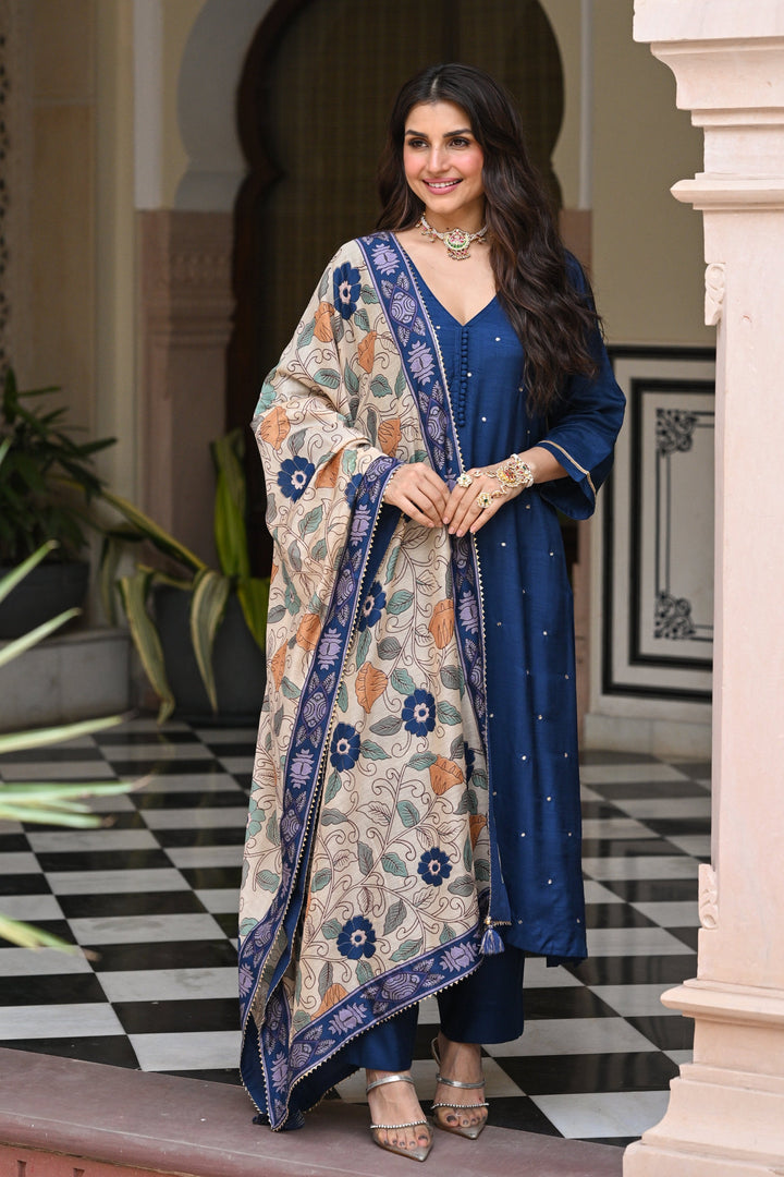 Shubh Blue Kalamkari Dupatta Suit Set - SET OF-3 | SHOBITAM