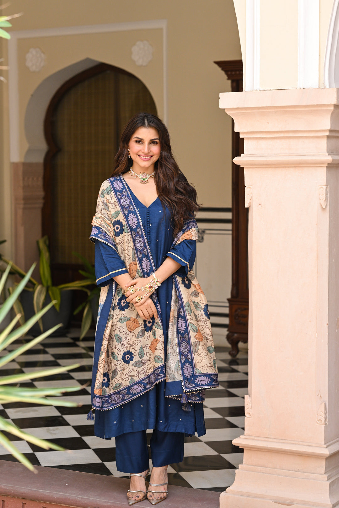 Shubh Blue Kalamkari Dupatta Suit Set - SET OF-3 | SHOBITAM