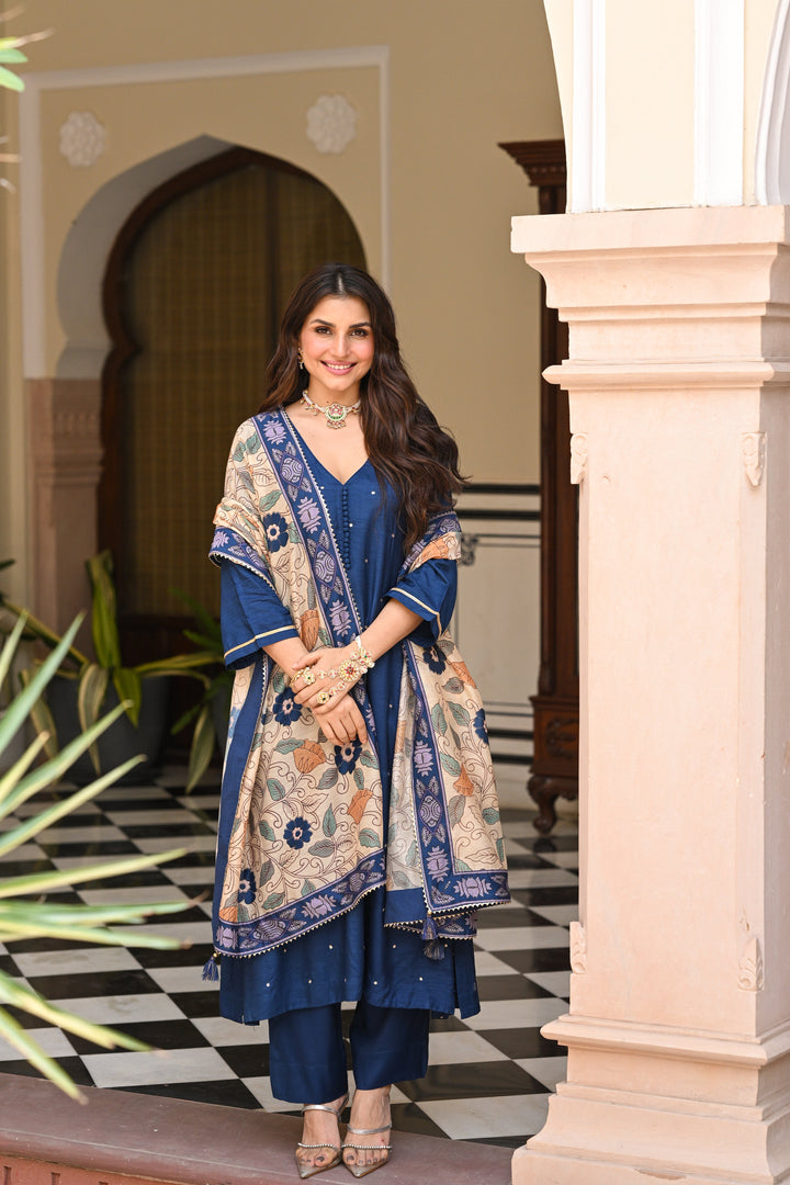 Shubh Blue Kalamkari Dupatta Suit Set - SET OF-3 | SHOBITAM