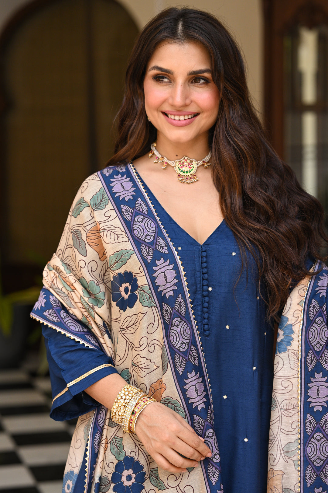 Shubh Blue Kalamkari Dupatta Suit Set - SET OF-3 | SHOBITAM