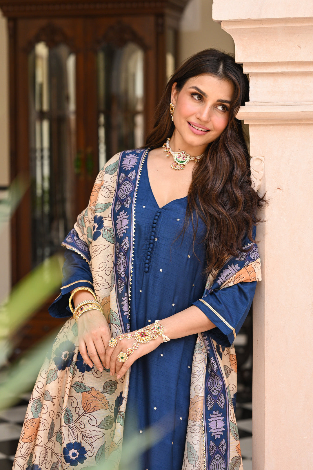 Shubh Blue Kalamkari Dupatta Suit Set - SET OF-3 | SHOBITAM
