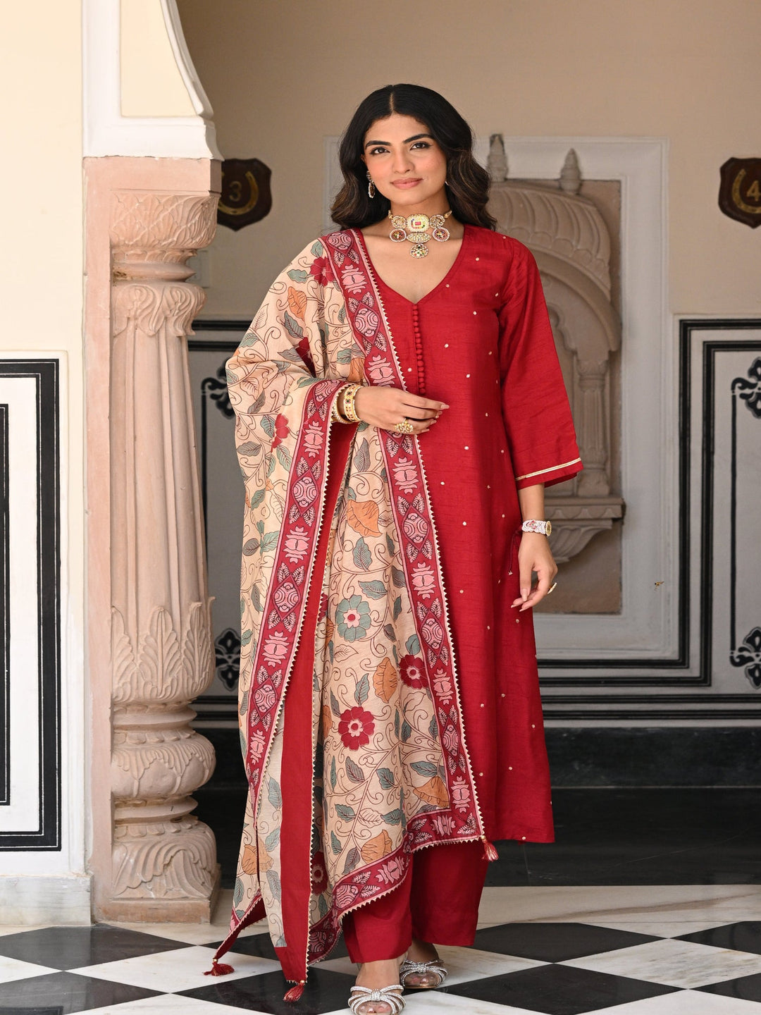 Shubh Red Kalamkari Dupatta Suit Set - SET OF- 3 | SHOBITAM
