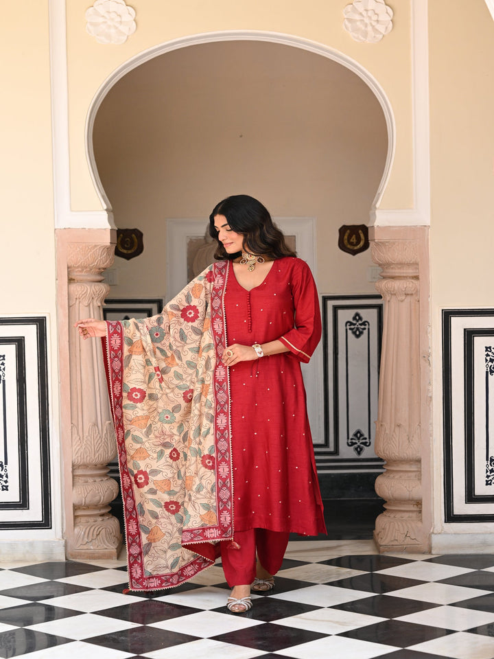 Shubh Red Kalamkari Dupatta Suit Set - SET OF- 3 | SHOBITAM